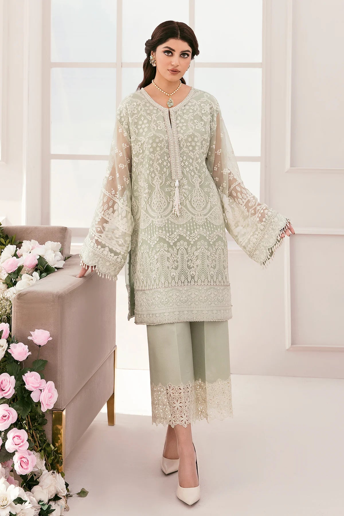 Chantelle Embroidered Chiffon & Organza Unstitched 3-Piece Suit - Sage Green & Pink Bridal Collection