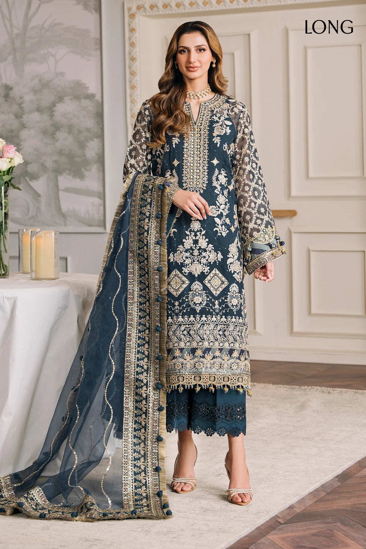 Chantelle Embroidered Chiffon & Organza Unstitched 3-Piece Suit - Teal Blue Luxury Collection