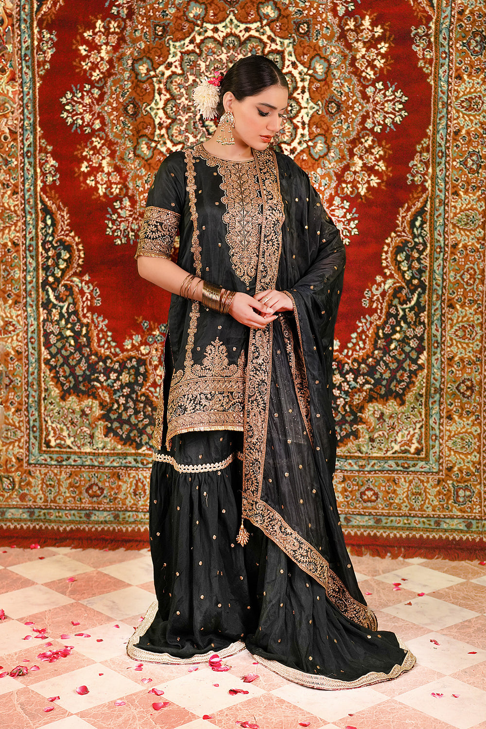 Ariha Embroidered Pure Khadi Silk Unstitched 3-Piece Suit - Black & Gold Luxury Collection