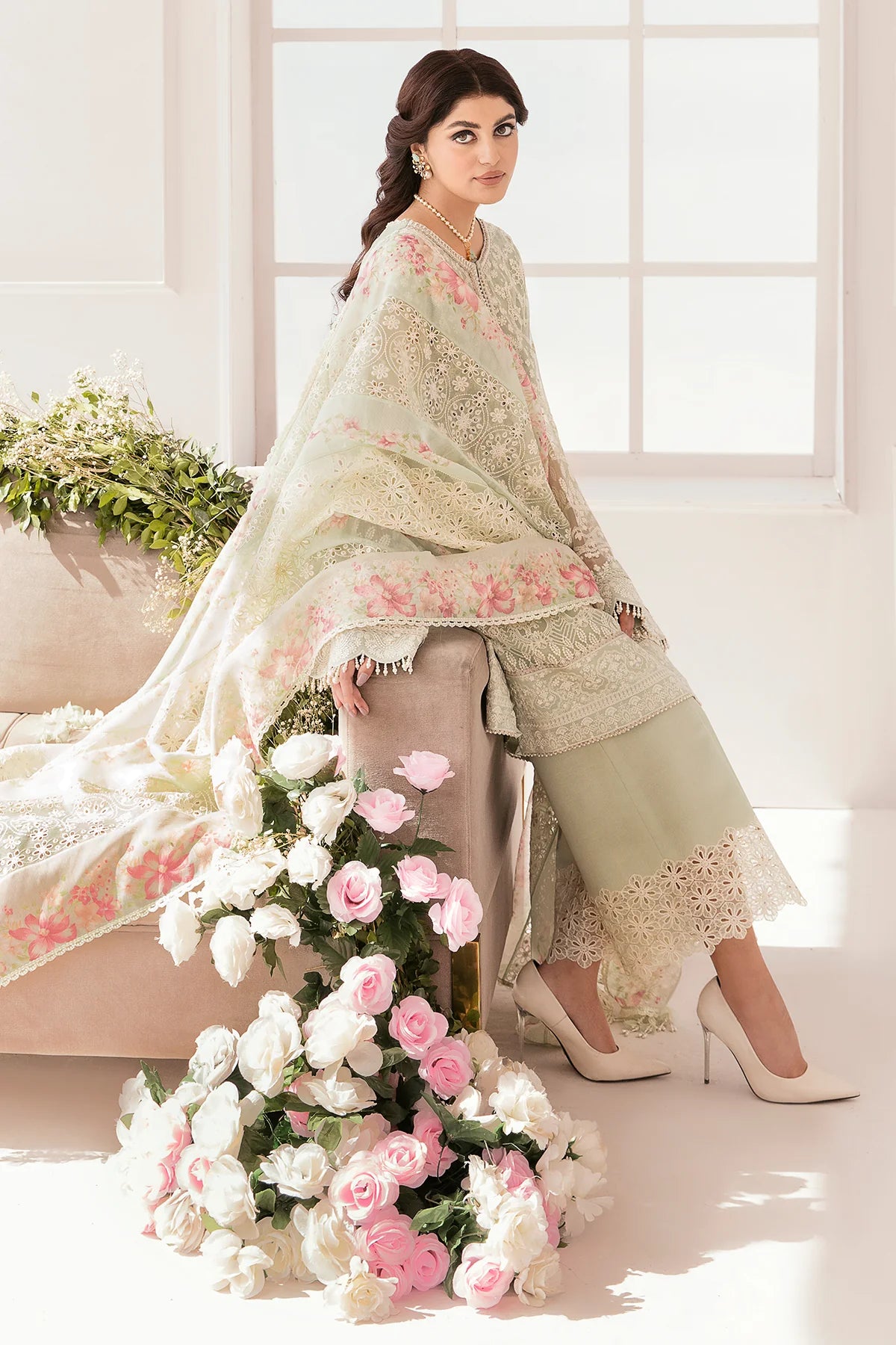 Chantelle Embroidered Chiffon & Organza Unstitched 3-Piece Suit - Sage Green & Pink Bridal Collection