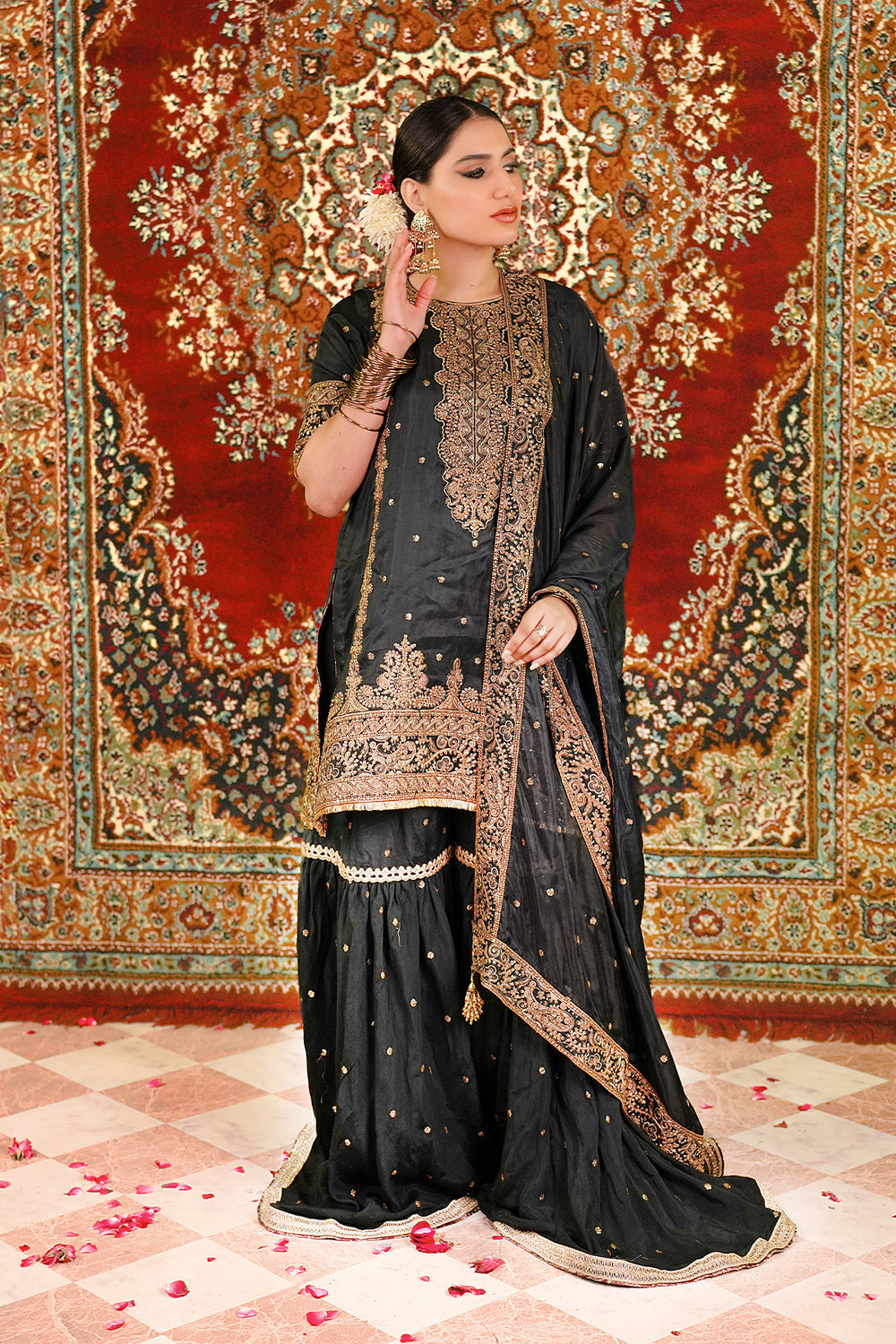 Ariha Embroidered Pure Khadi Silk Unstitched 3-Piece Suit - Black & Gold Luxury Collection