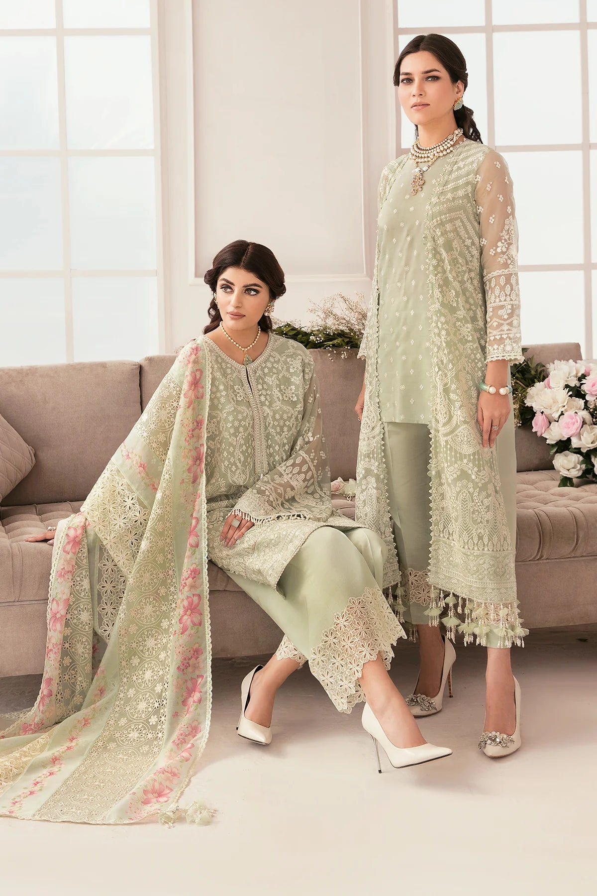 Chantelle Embroidered Chiffon & Organza Unstitched 3-Piece Suit - Sage Green & Pink Bridal Collection
