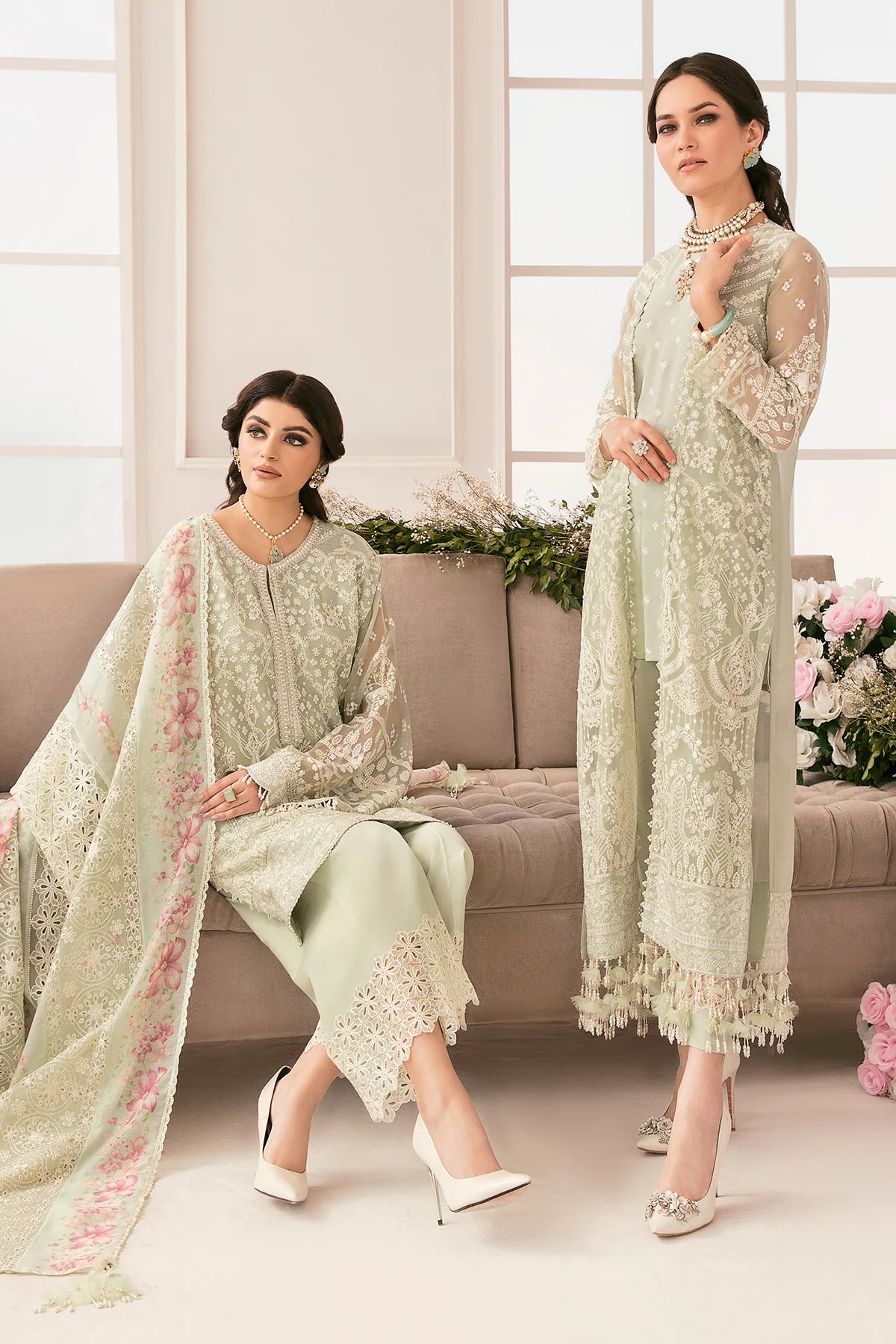 Chantelle Embroidered Chiffon & Organza Unstitched 3-Piece Suit - Sage Green & Pink Bridal Collection