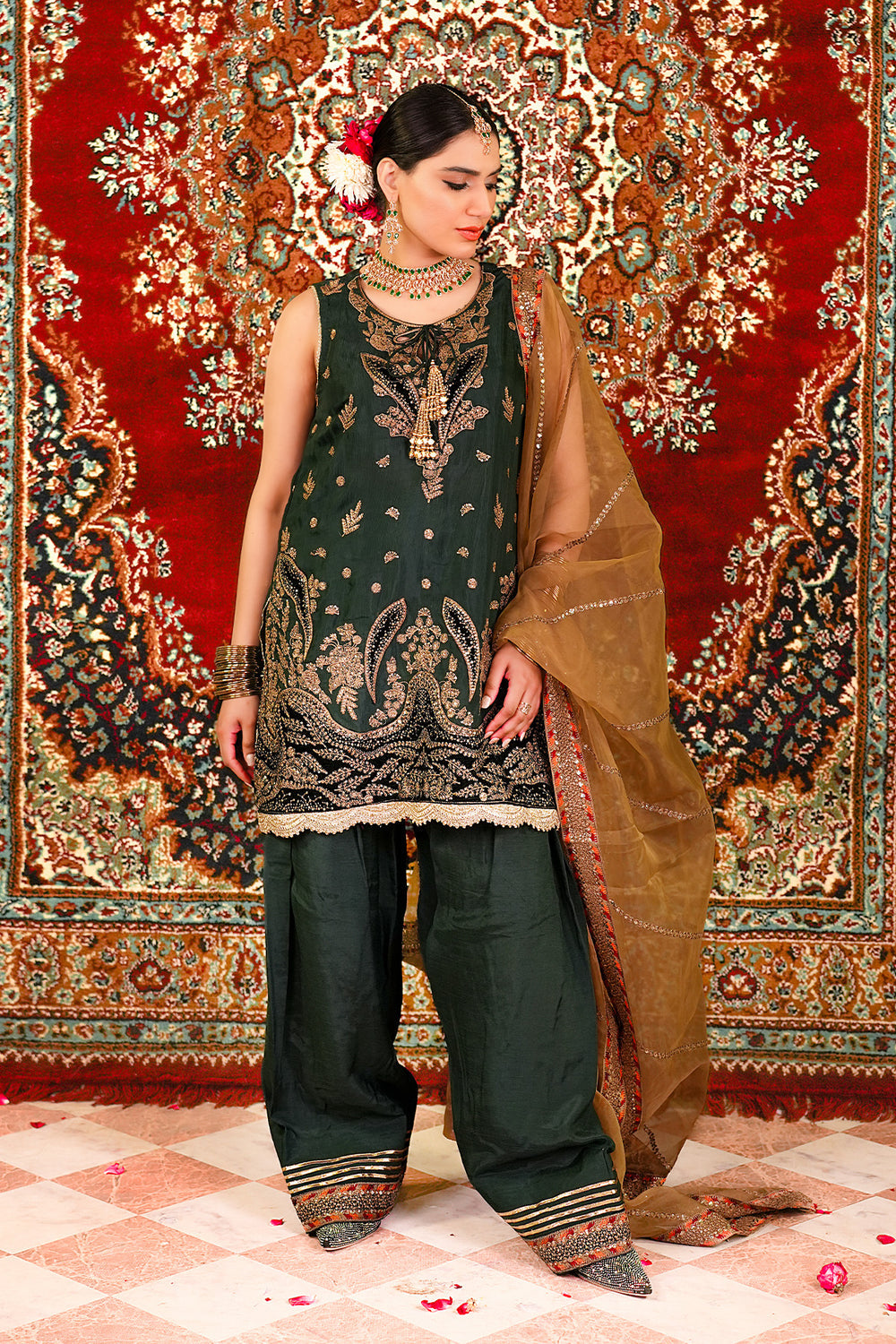 Ariha Embroidered Pure Raw Silk Unstitched 3-Piece Suit - Forest Green & Gold Luxury Collection