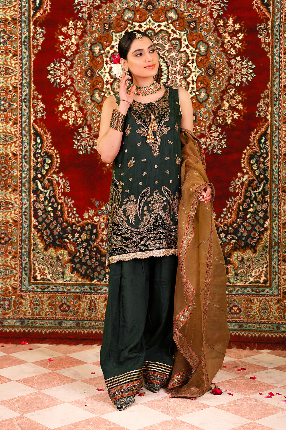 Ariha Embroidered Pure Raw Silk Unstitched 3-Piece Suit - Forest Green & Gold Luxury Collection