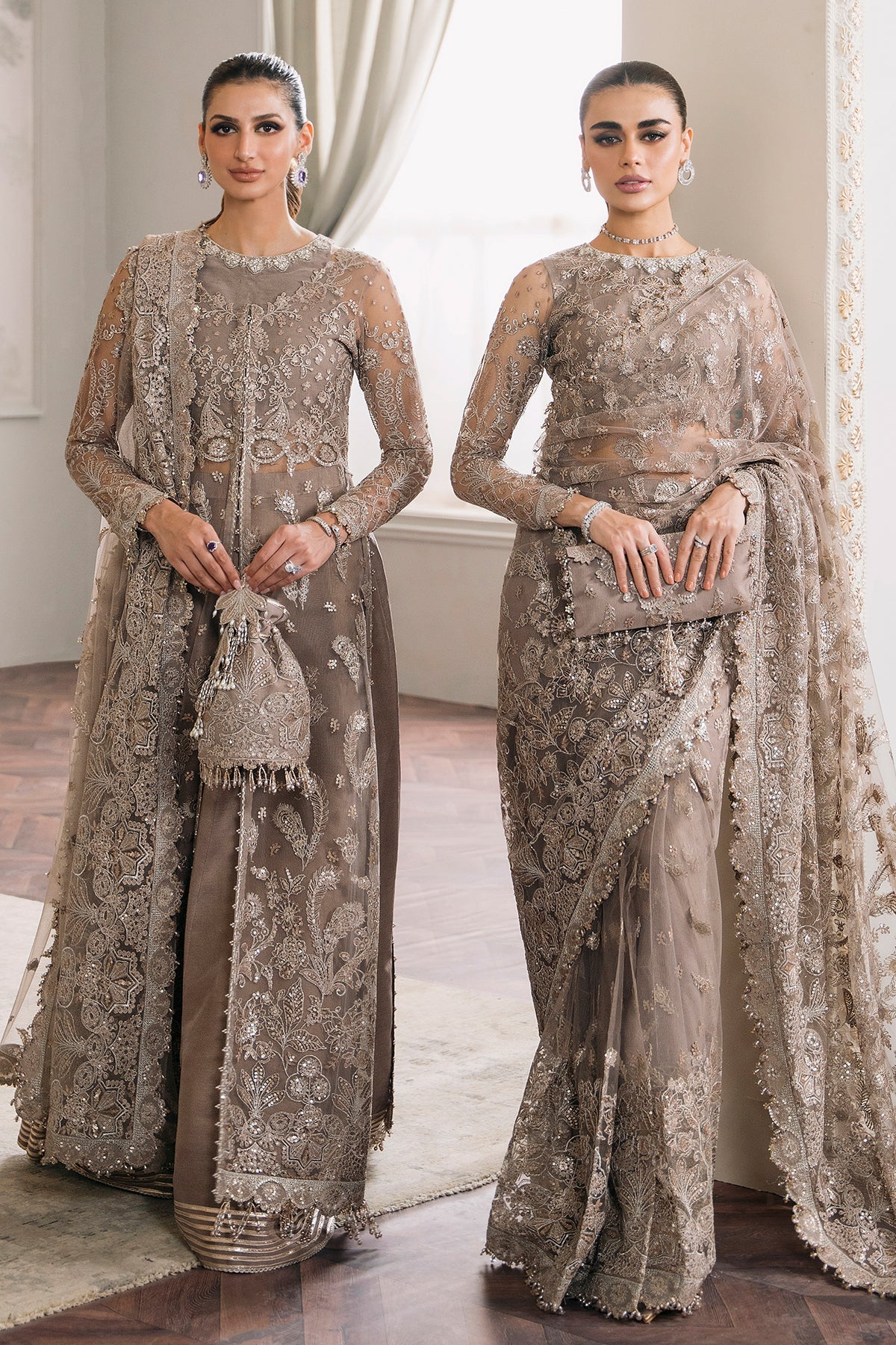 Chantelle Embroidered Net Saree-Style Unstitched 3-Piece Suit - Taupe Beige Bridal Collection