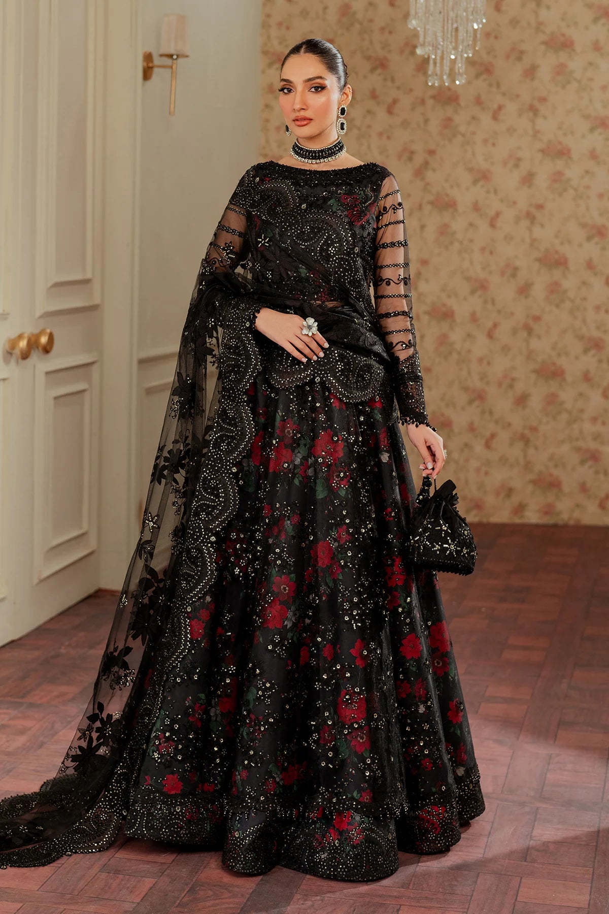 Chantelle Embroidered Net Unstitched 3-Piece Suit - Black & Red Floral Bridal Collection
