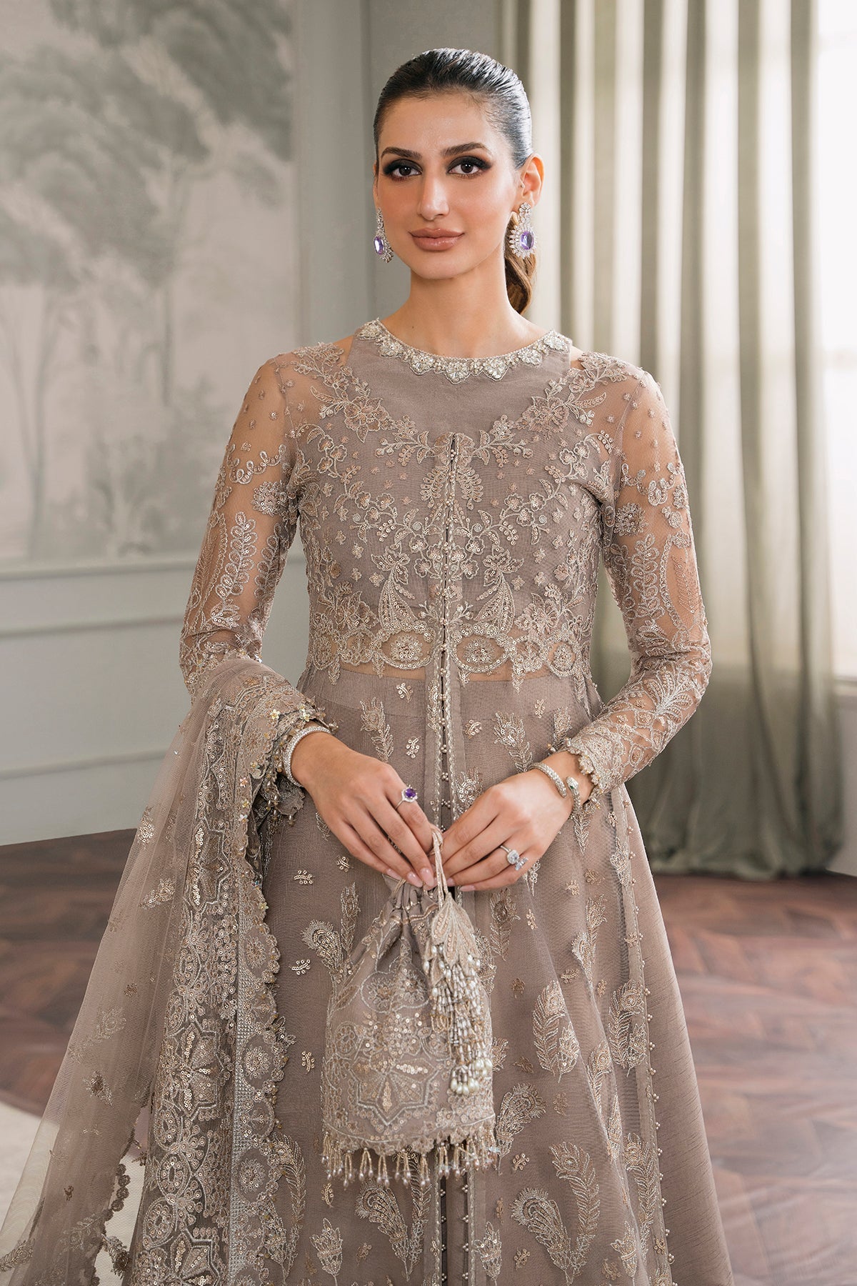 Chantelle Embroidered Net Saree-Style Unstitched 3-Piece Suit - Taupe Beige Bridal Collection