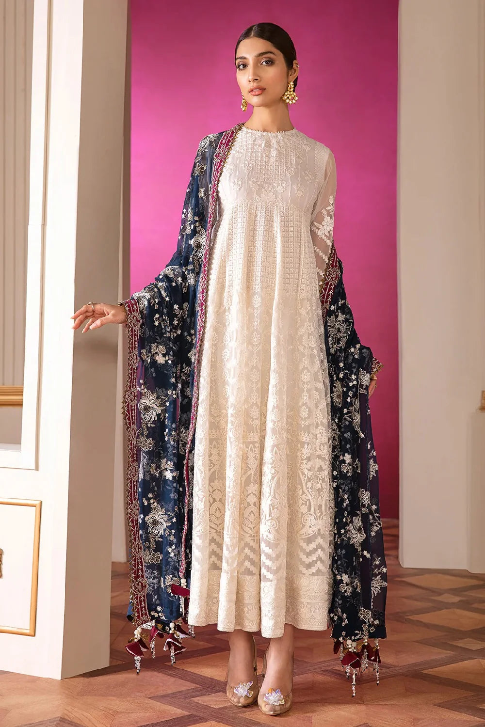 Chantelle Embroidered Chiffon Unstitched 3-Piece Suit - Ivory & Navy Luxury Collection