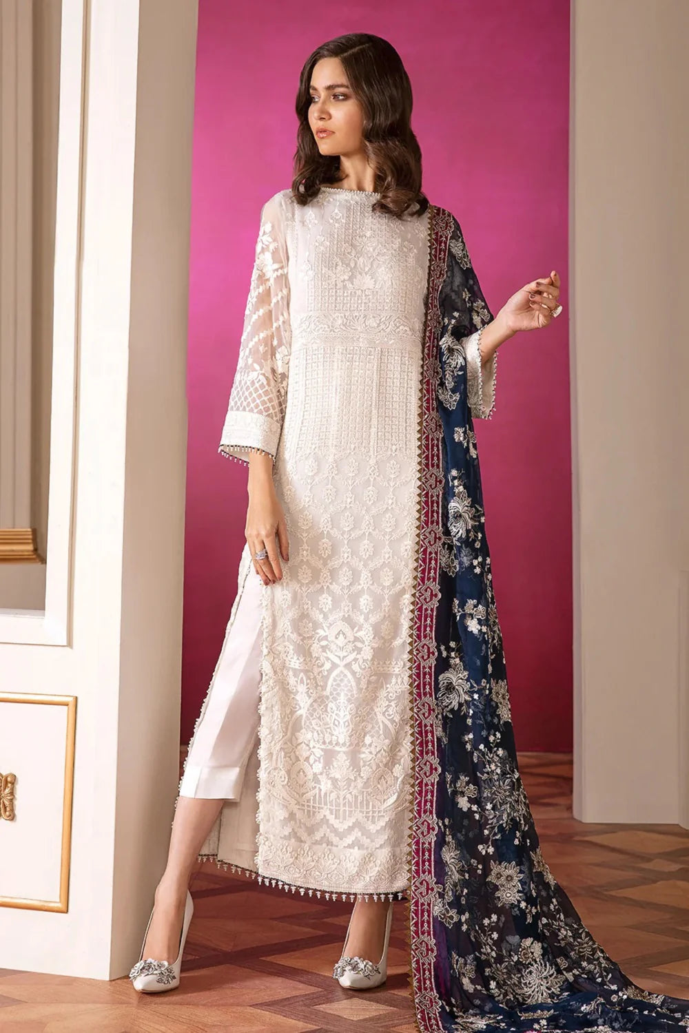 Chantelle Embroidered Chiffon Unstitched 3-Piece Suit - Ivory & Navy Luxury Collection