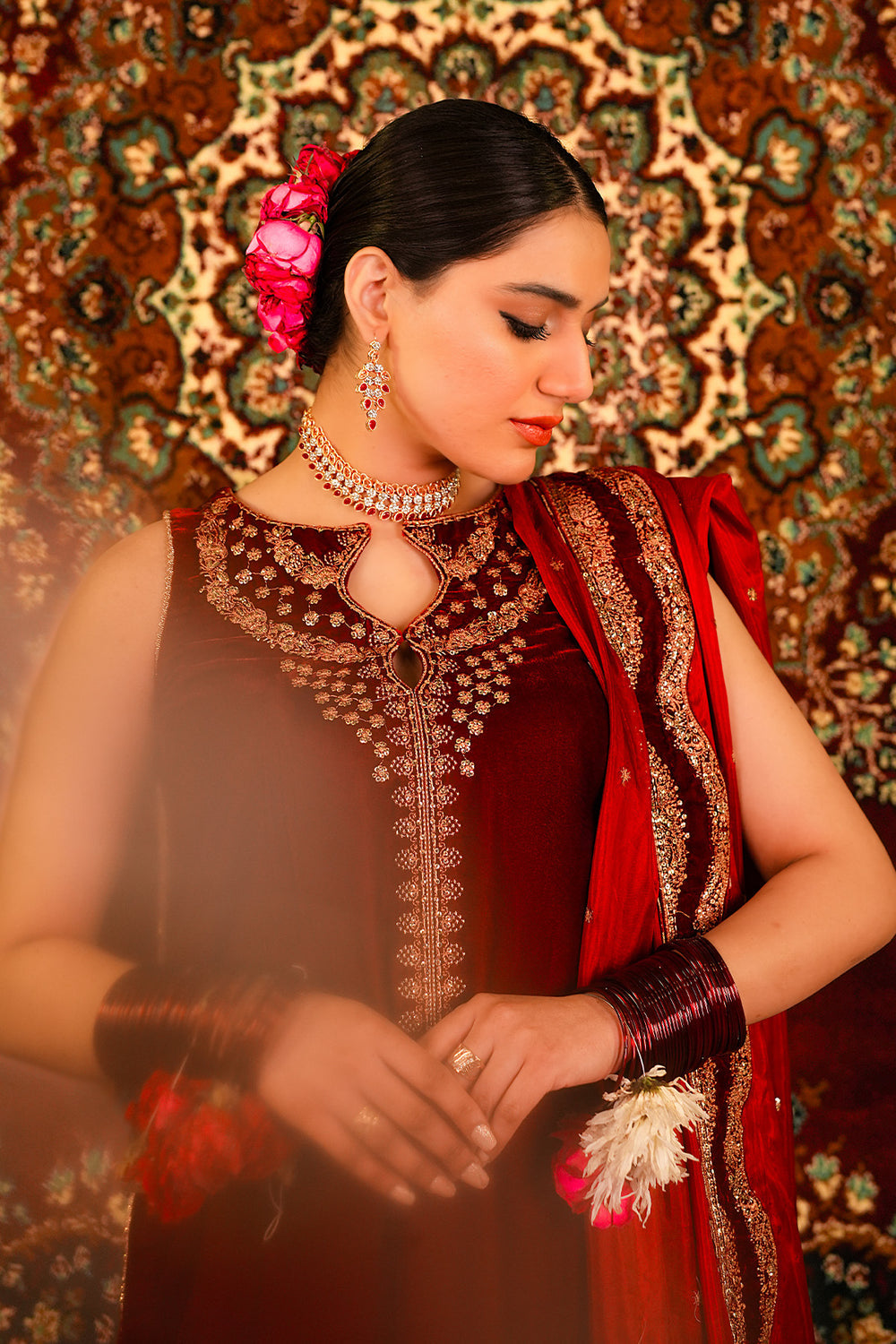 Ariha Embroidered Velvet Unstitched 3-Piece Suit - Maroon & Red Bridal Collection