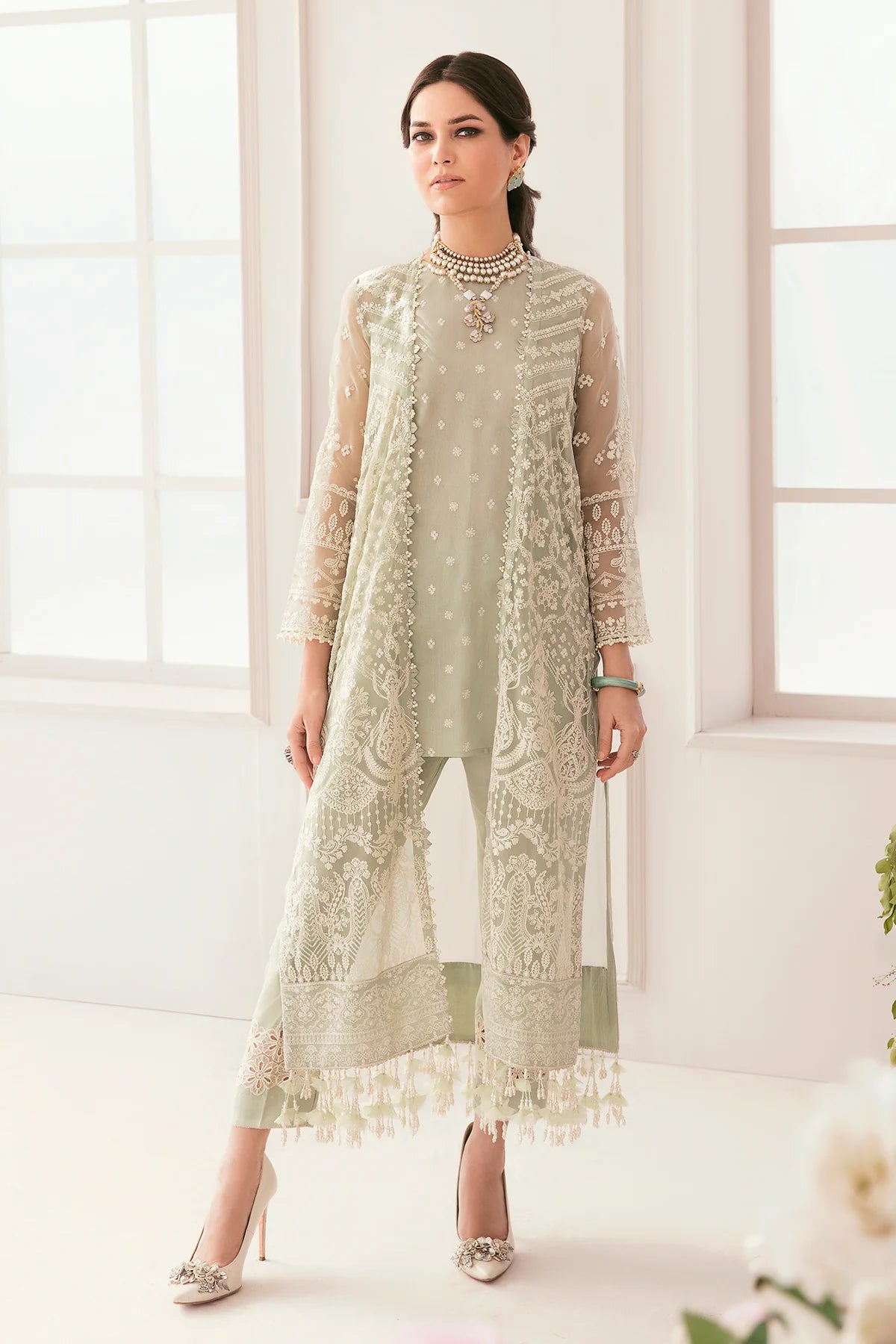 Chantelle Embroidered Chiffon & Organza Unstitched 3-Piece Suit - Sage Green & Pink Bridal Collection