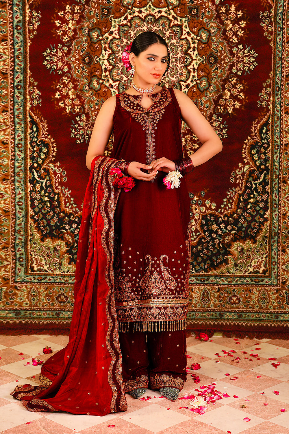 Ariha Embroidered Velvet Unstitched 3-Piece Suit - Maroon & Red Bridal Collection
