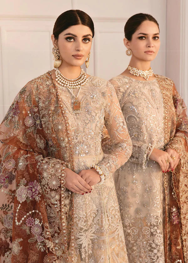 Chantelle Embroidered Net Unstitched 3-Piece Suit - Champagne Beige Bridal Collection