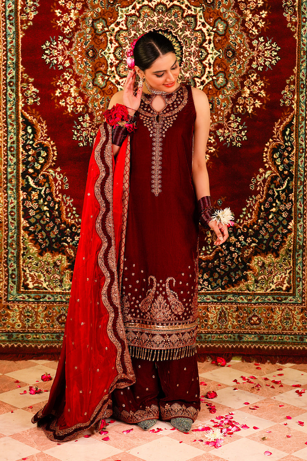 Ariha Embroidered Velvet Unstitched 3-Piece Suit - Maroon & Red Bridal Collection
