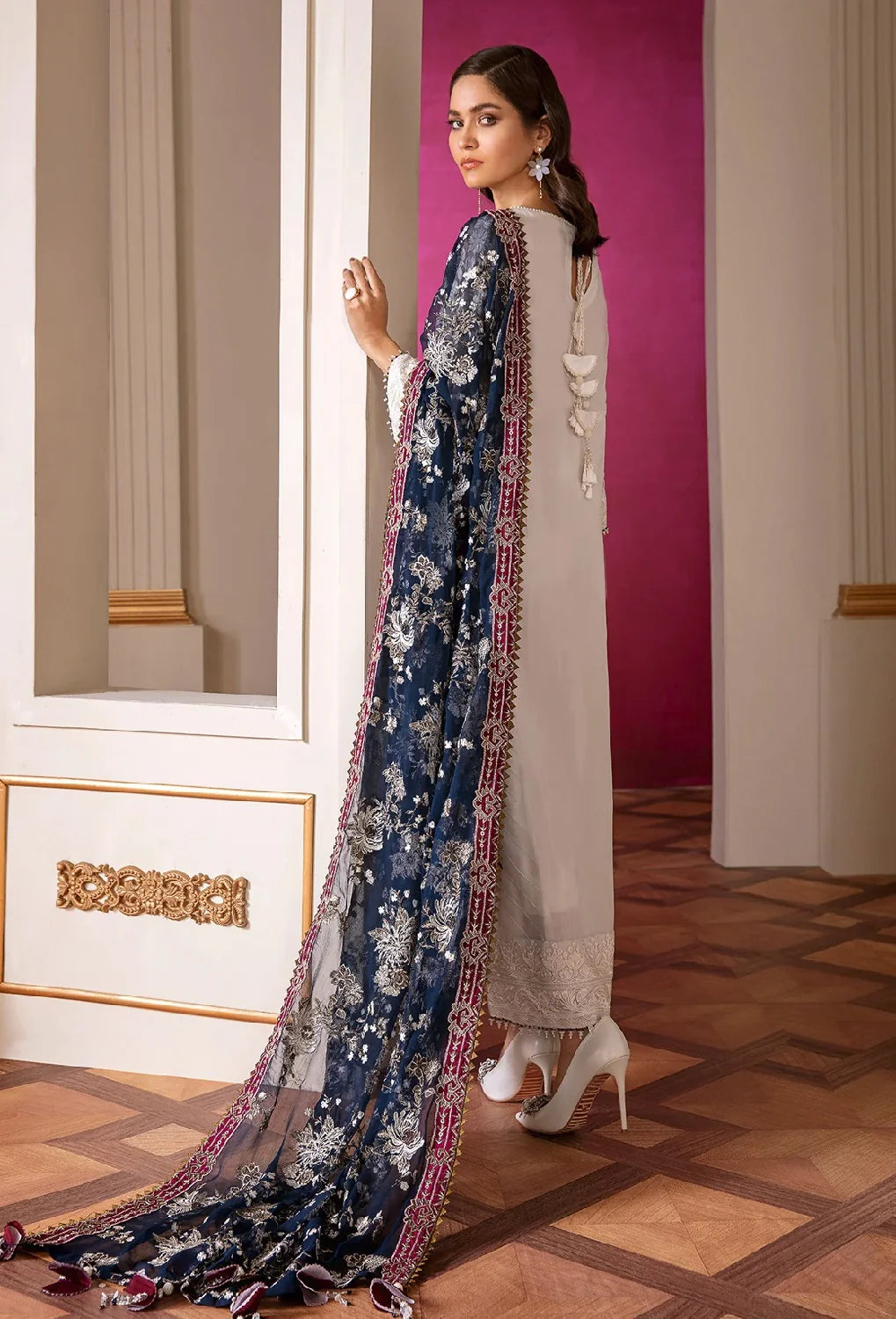 Chantelle Embroidered Chiffon Unstitched 3-Piece Suit - Ivory & Navy Luxury Collection