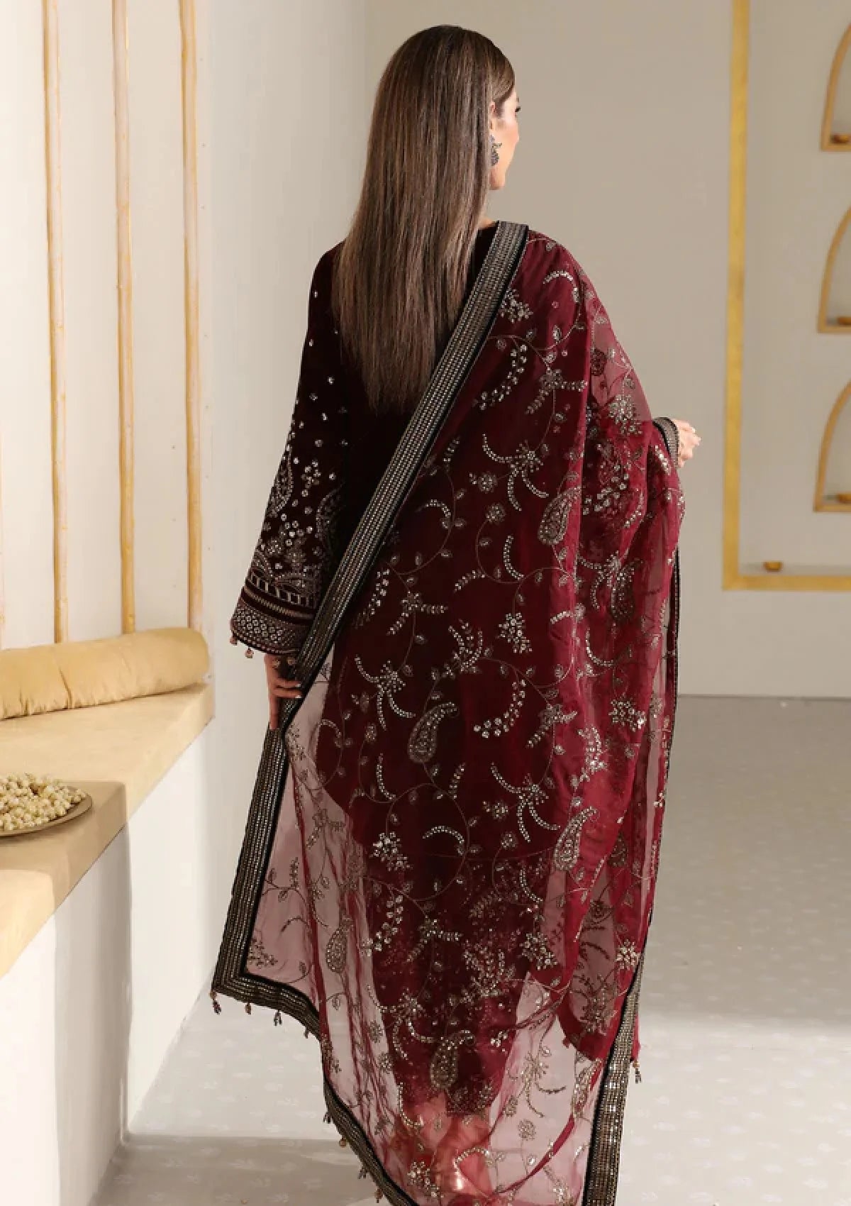 Jazmin Embroidered Pure Velvet Unstitched 3-Piece Suit - Maroon Luxury Collection