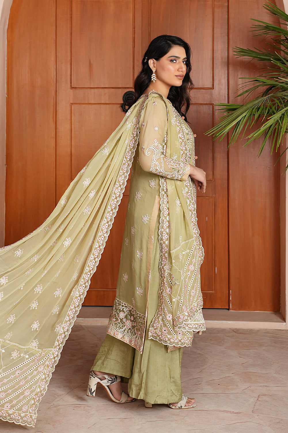 Ariha Embroidered Chiffon Unstitched 3-Piece Suit - Sage Green & Gold Luxury Collection