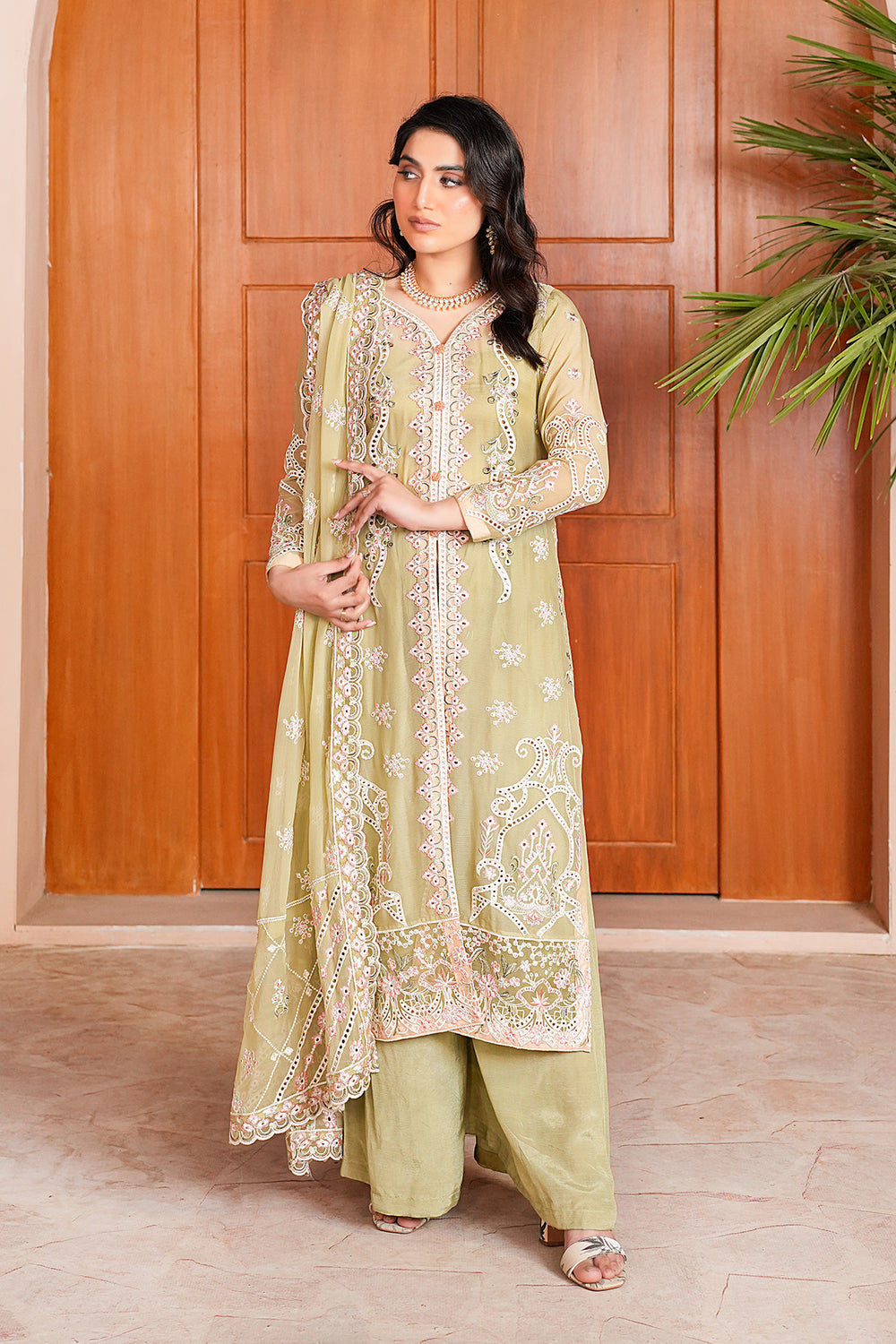 Ariha Embroidered Chiffon Unstitched 3-Piece Suit - Sage Green & Gold Luxury Collection
