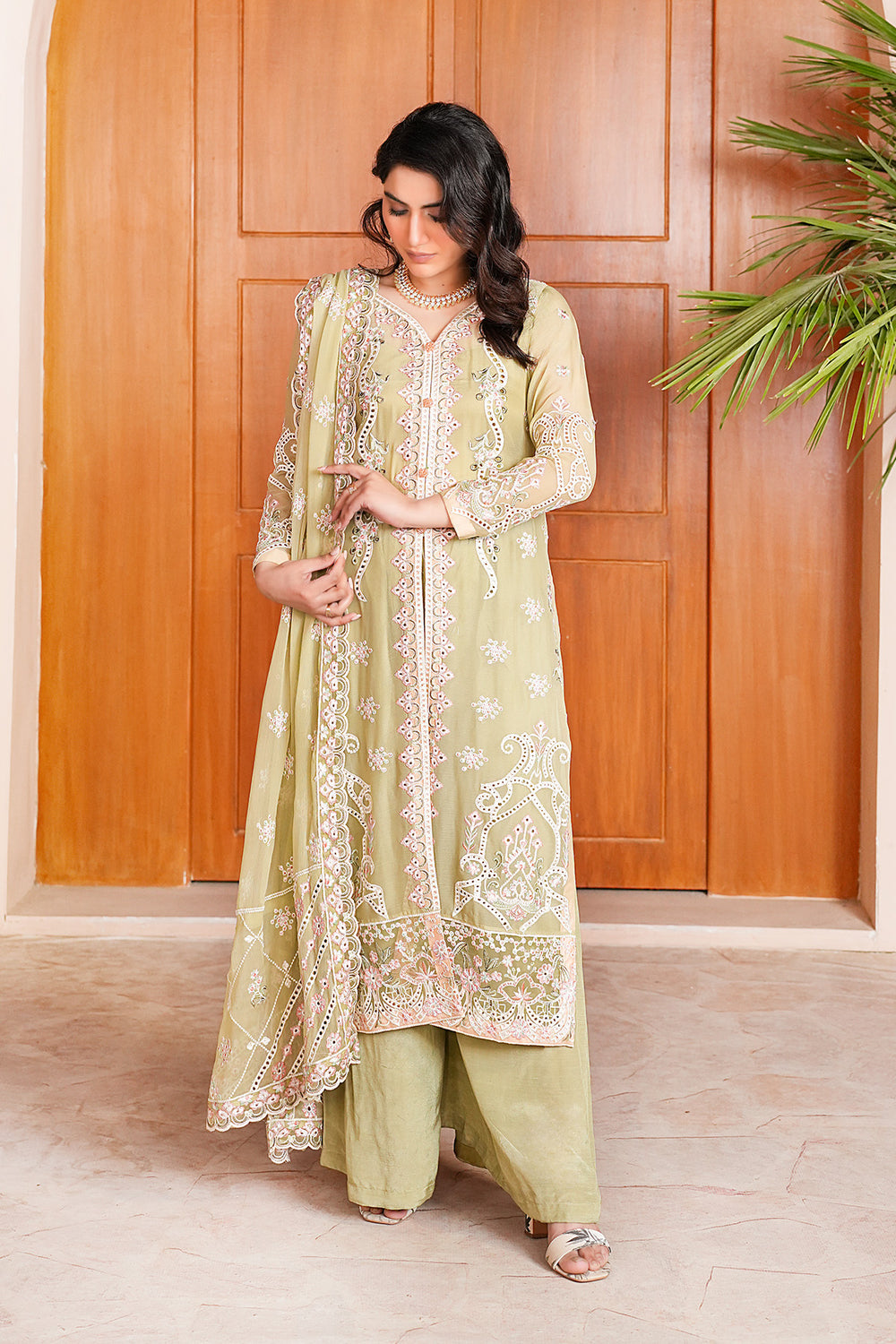 Ariha Embroidered Chiffon Unstitched 3-Piece Suit - Sage Green & Gold Luxury Collection