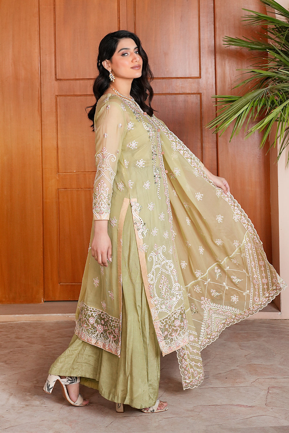 Ariha Embroidered Chiffon Unstitched 3-Piece Suit - Sage Green & Gold Luxury Collection