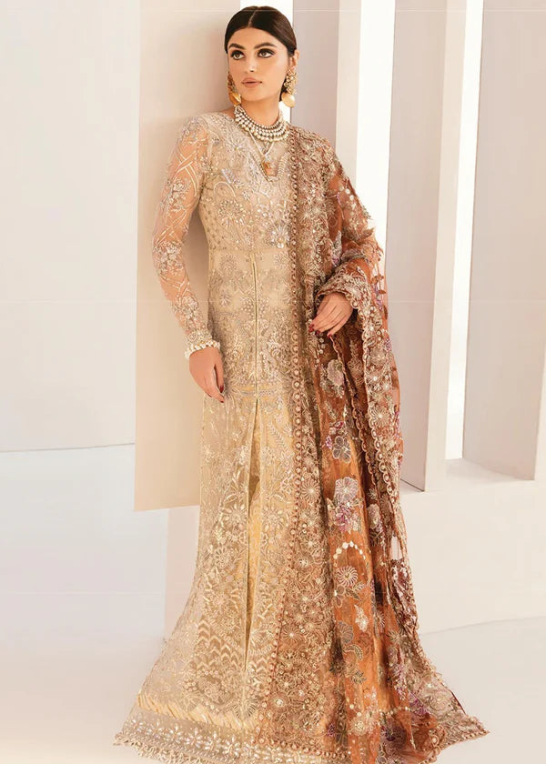 Chantelle Embroidered Net Unstitched 3-Piece Suit - Champagne Beige Bridal Collection