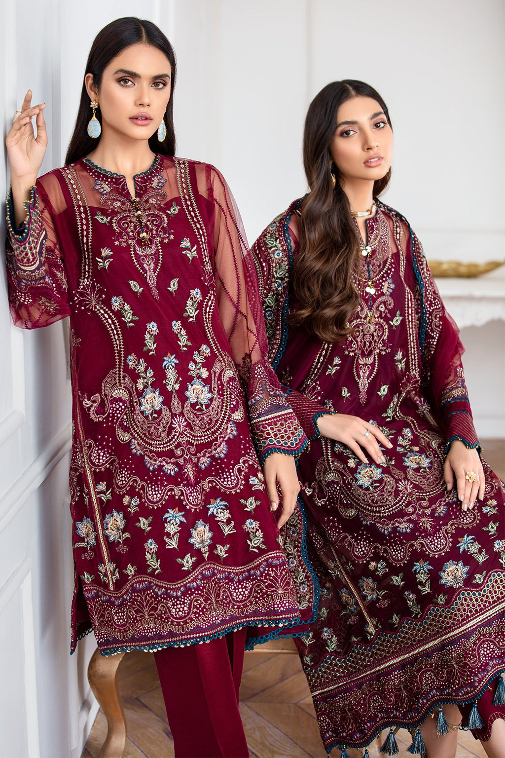 Jazmin Embroidered Net Unstitched 3-Piece Suit - Maroon Luxury Collection