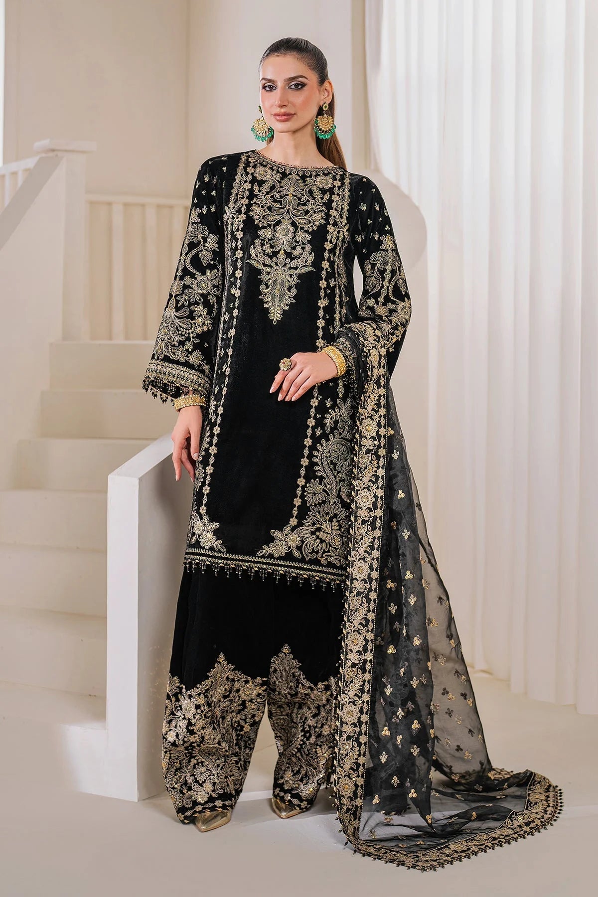 Baroque Black & Gold Embroidered Unstitched 3-Piece Suit - Luxury Velvet Collection