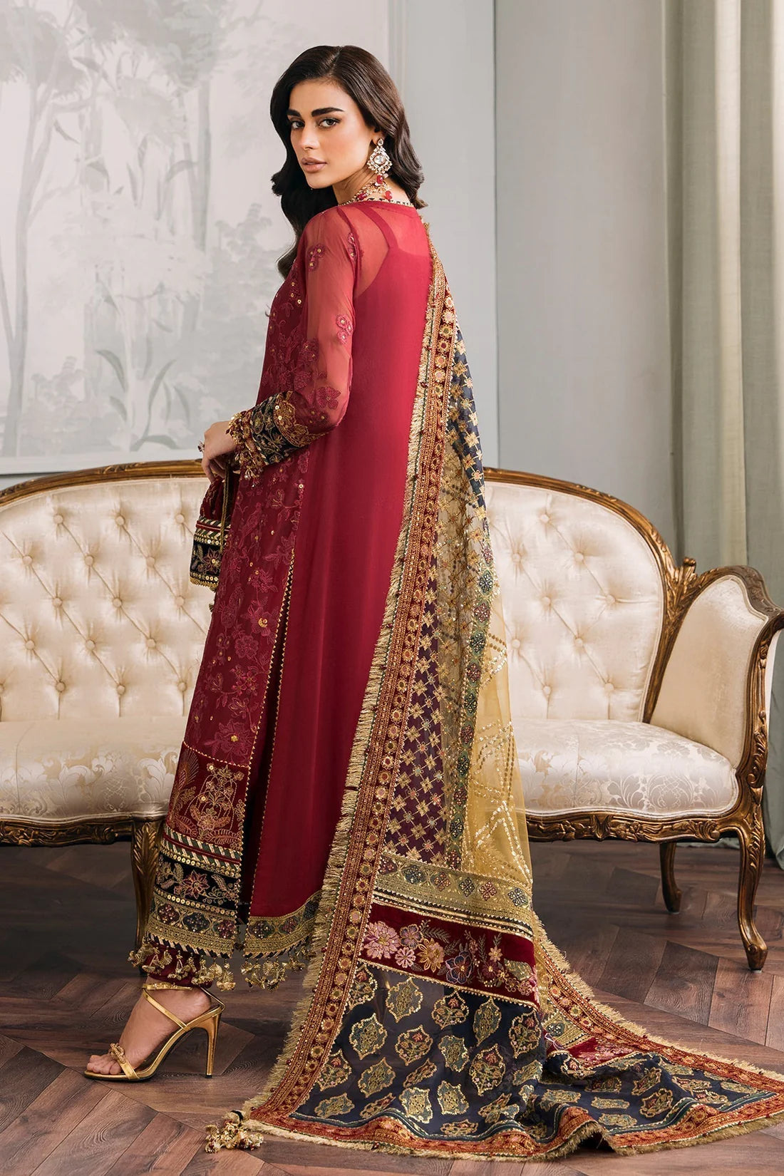 Chantelle Embroidered Chiffon & Velvet Unstitched 3-Piece Suit - Burgundy & Gold Bridal Collection
