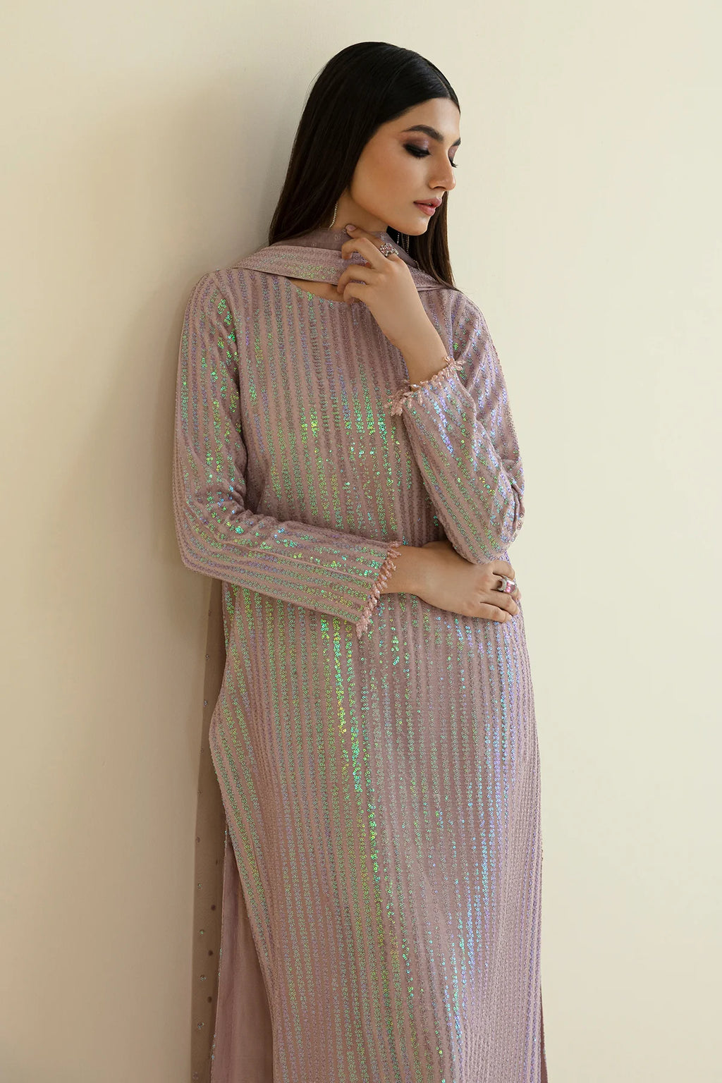 Baroque Mauve Sequin Embellished Unstitched 3-Piece Suit - Vertical Stripe Design