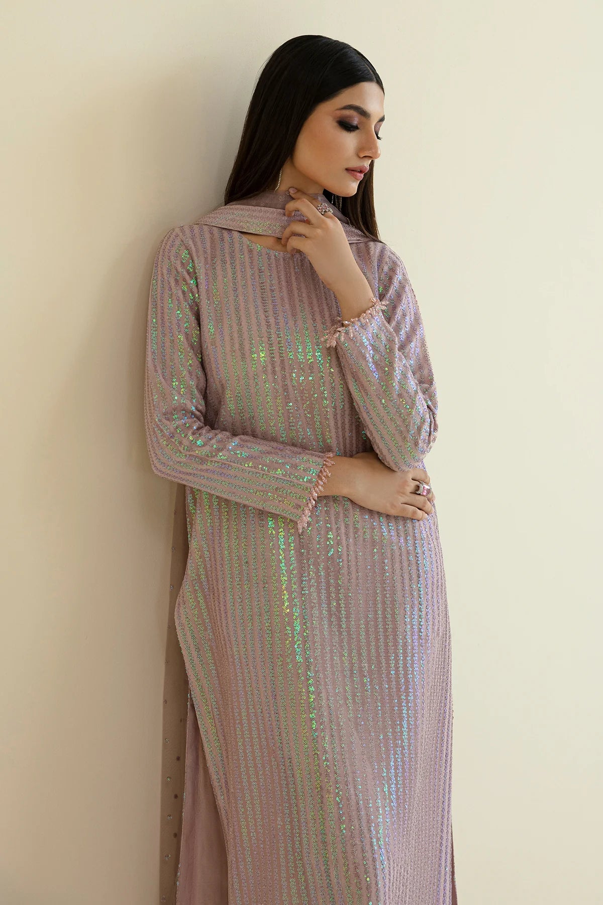 Baroque Mauve Sequin Embellished Unstitched 3-Piece Suit - Vertical Stripe Design