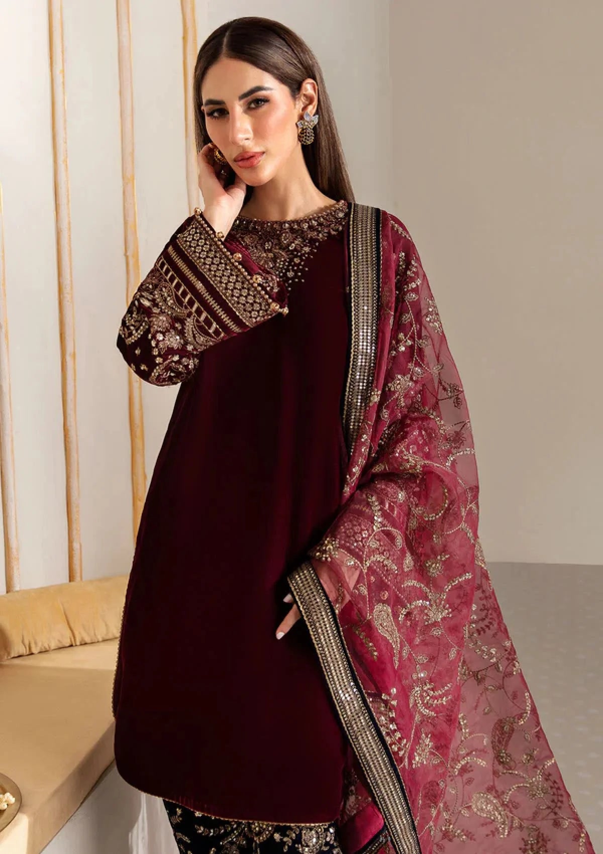 Jazmin Embroidered Pure Velvet Unstitched 3-Piece Suit - Maroon Luxury Collection