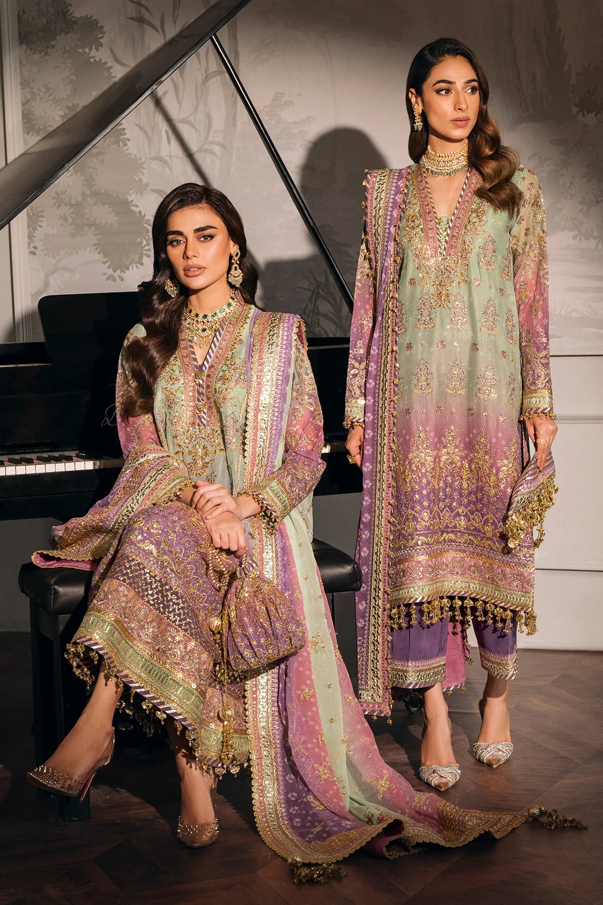 Chantelle Embroidered Digital Printed Chiffon Unstitched 3-Piece Suit - Sage Green & Lavender Ombre Bridal Collection