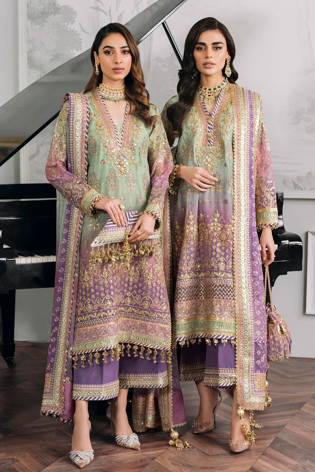 Chantelle Embroidered Digital Printed Chiffon Unstitched 3-Piece Suit - Sage Green & Lavender Ombre Bridal Collection