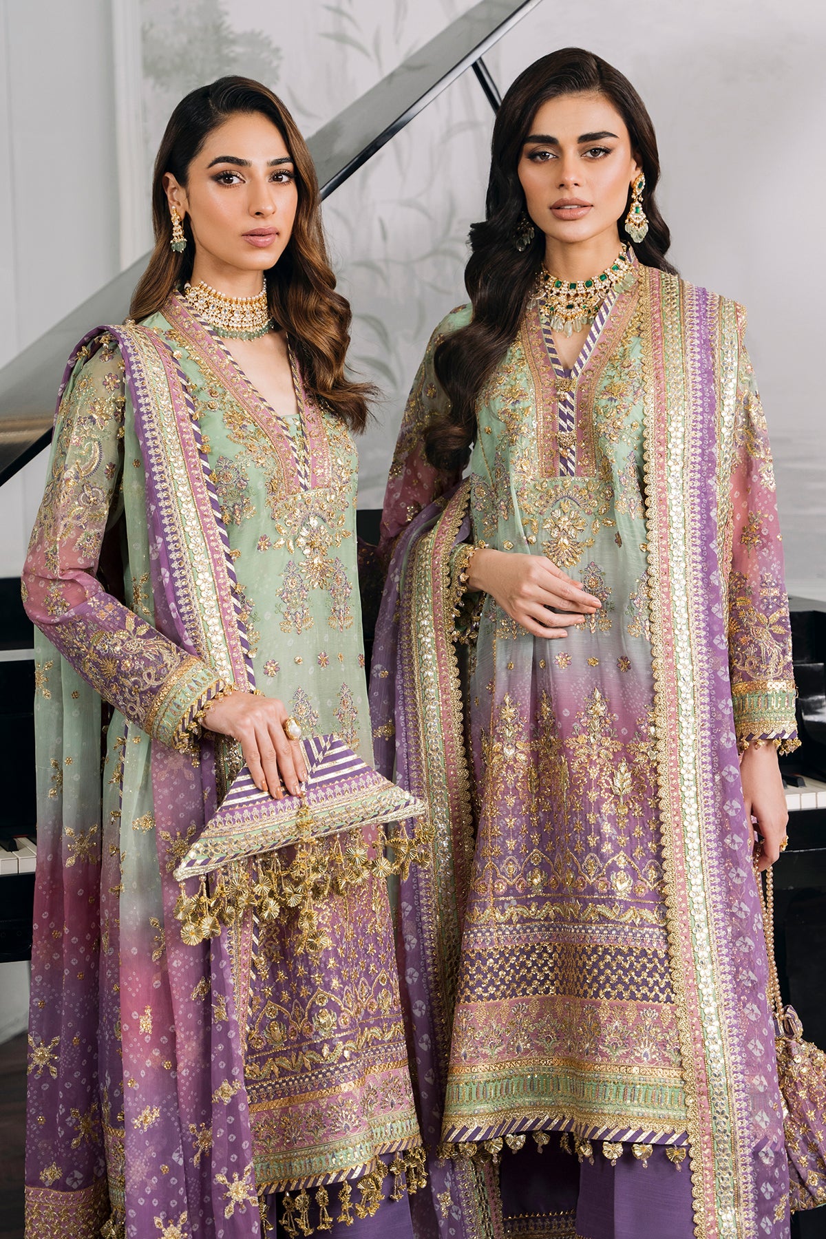 Chantelle Embroidered Digital Printed Chiffon Unstitched 3-Piece Suit - Sage Green & Lavender Ombre Bridal Collection