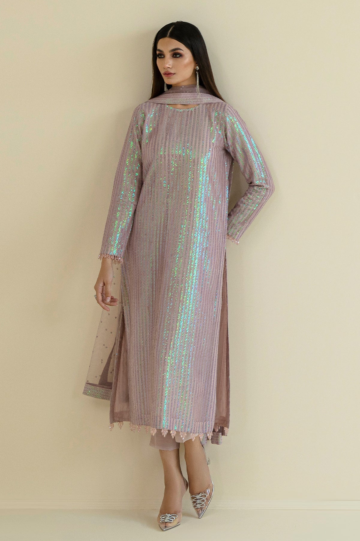 Baroque Mauve Sequin Embellished Unstitched 3-Piece Suit - Vertical Stripe Design