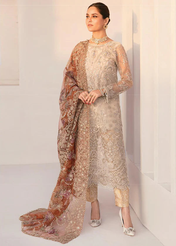 Chantelle Embroidered Net Unstitched 3-Piece Suit - Champagne Beige Bridal Collection
