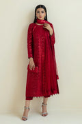 Baroque Deep Red Sequin Embellished Unstitched 3-Piece Suit - Fringed Hem