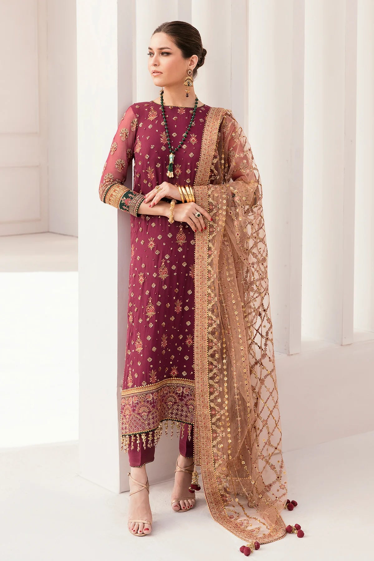Chantelle Embroidered Chiffon & Net Unstitched 3-Piece Suit - Burgundy & Gold Luxury Collection
