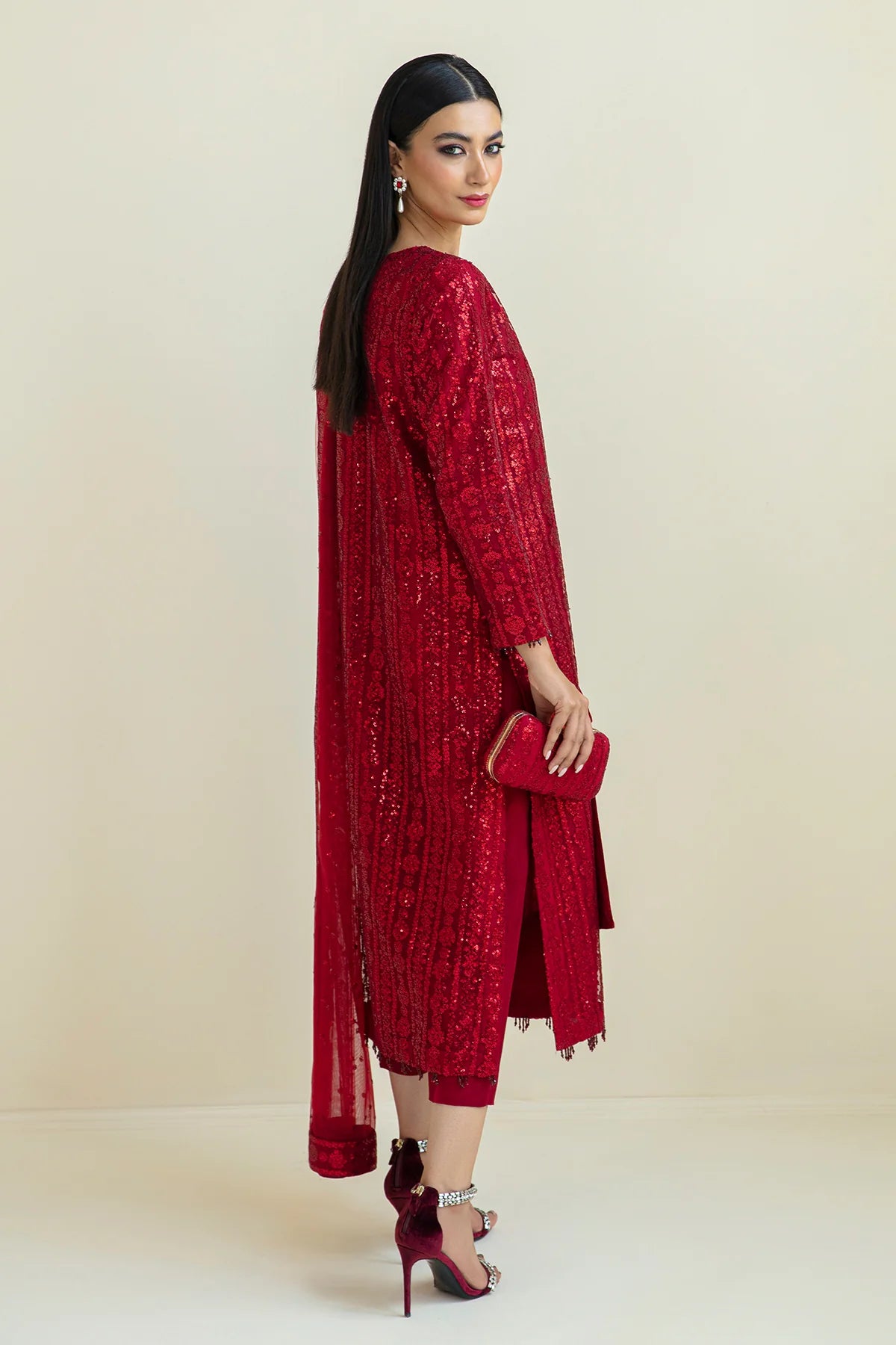 Baroque Deep Red Sequin Embellished Unstitched 3-Piece Suit - Fringed Hem