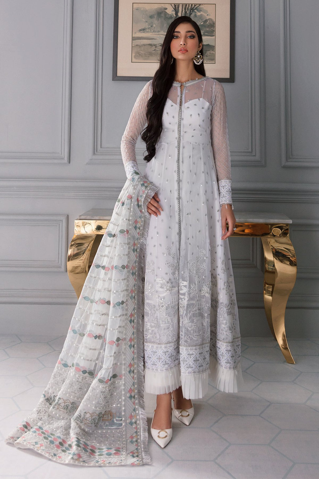 Iris Embroidered Chiffon Unstitched Suit - Mint Blue & White Luxury Collection