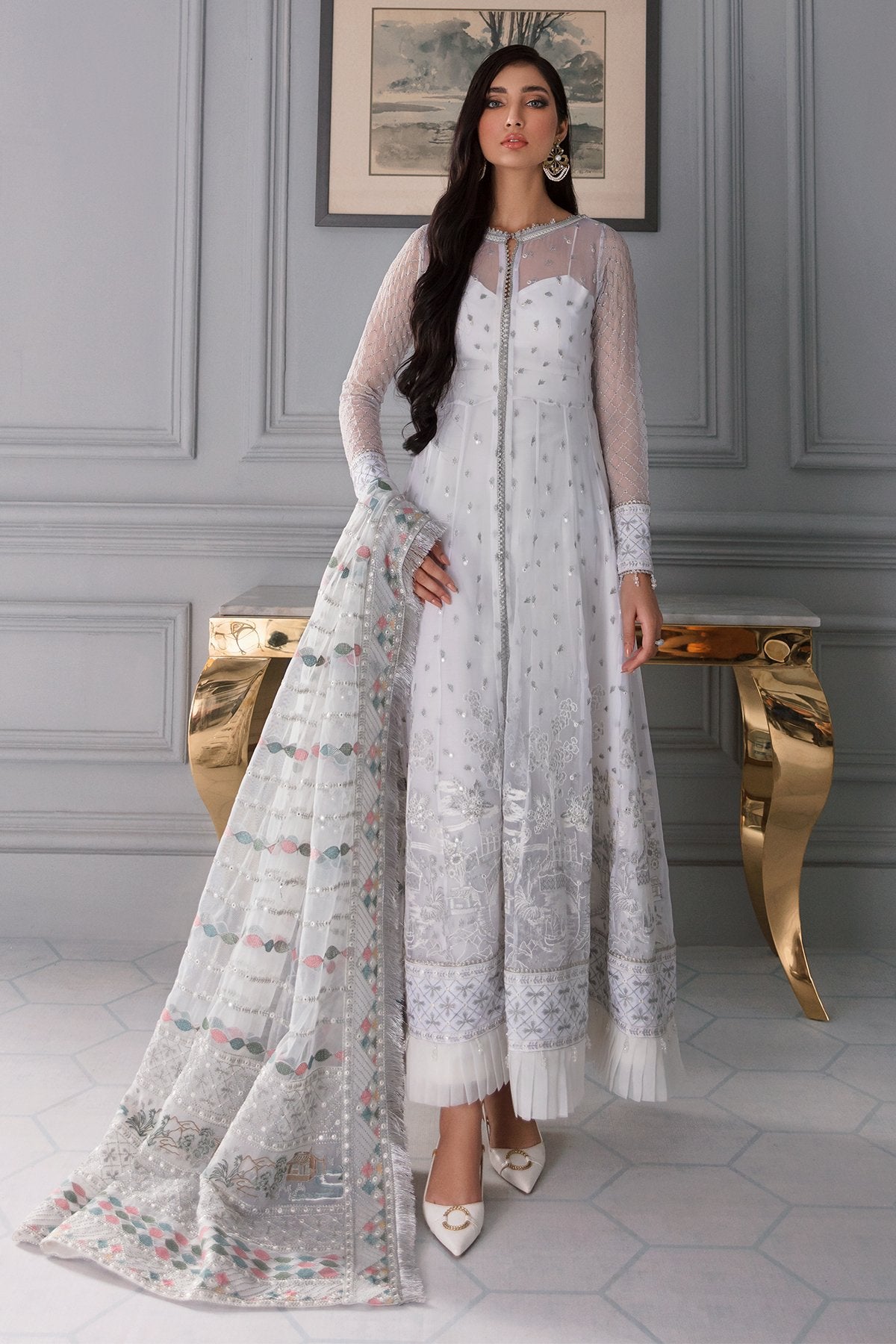 Iris Embroidered Chiffon Unstitched Suit - Mint Blue & White Luxury Collection