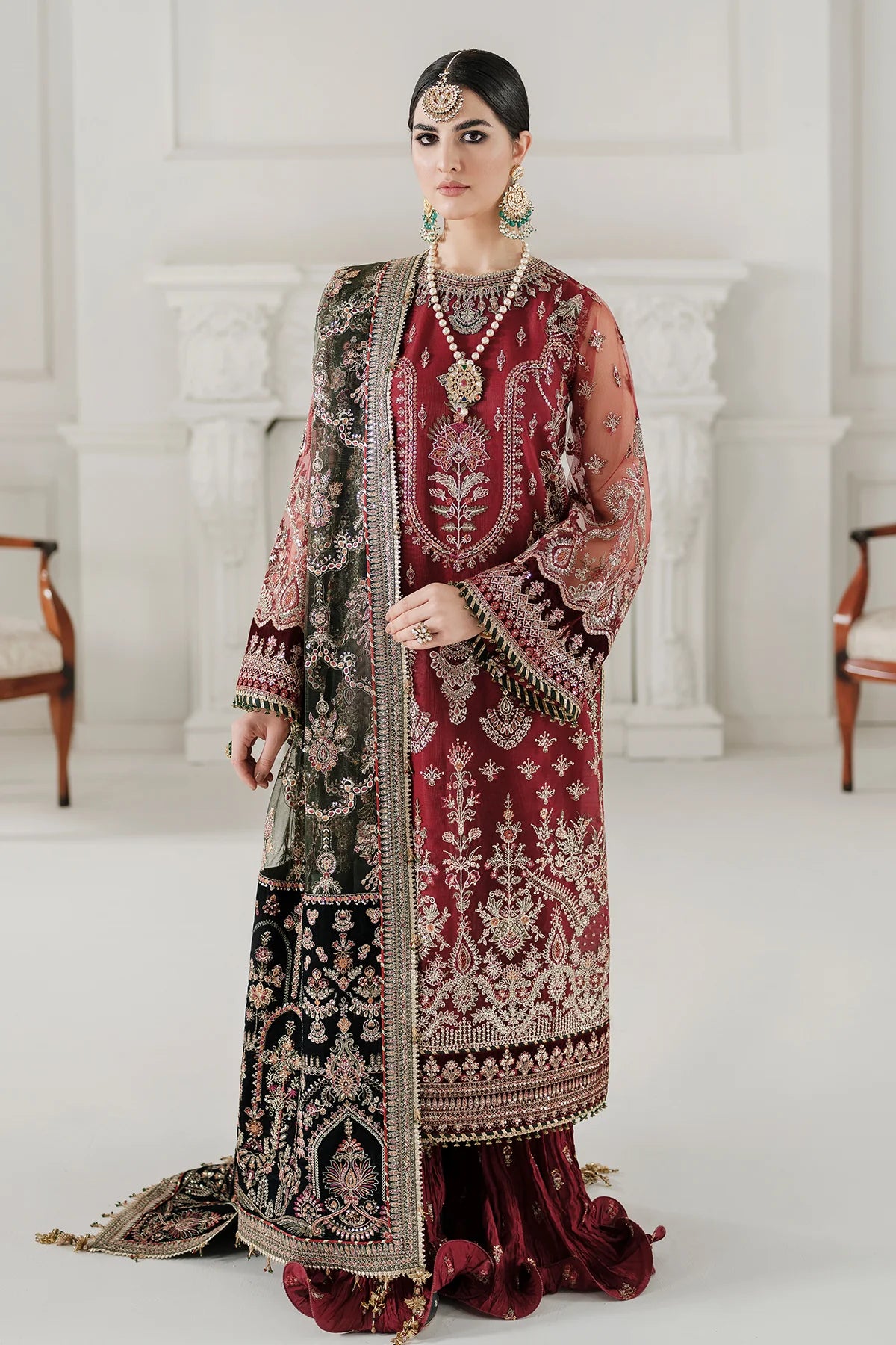 Chantelle Embroidered Net & Velvet Unstitched 3-Piece Suit - Maroon & Forest Green Bridal Collection