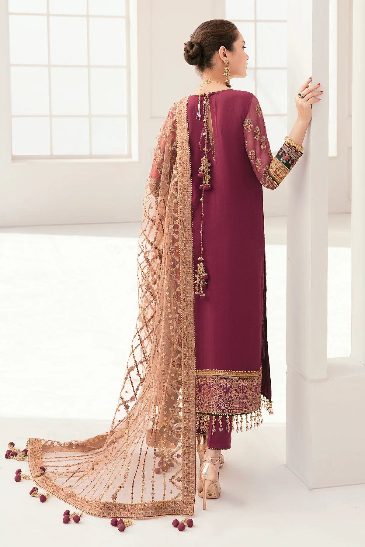 Chantelle Embroidered Chiffon & Net Unstitched 3-Piece Suit - Burgundy & Gold Luxury Collection