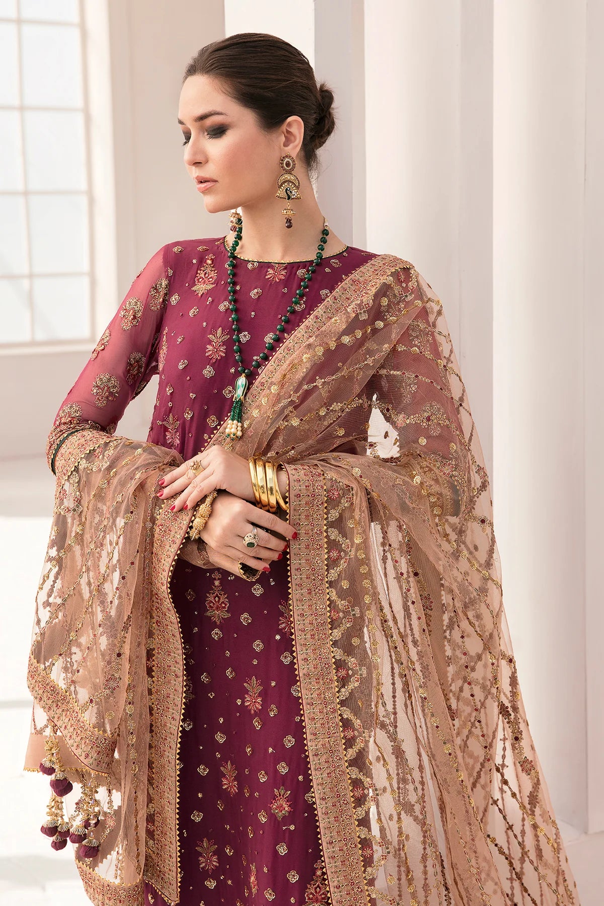 Chantelle Embroidered Chiffon & Net Unstitched 3-Piece Suit - Burgundy & Gold Luxury Collection