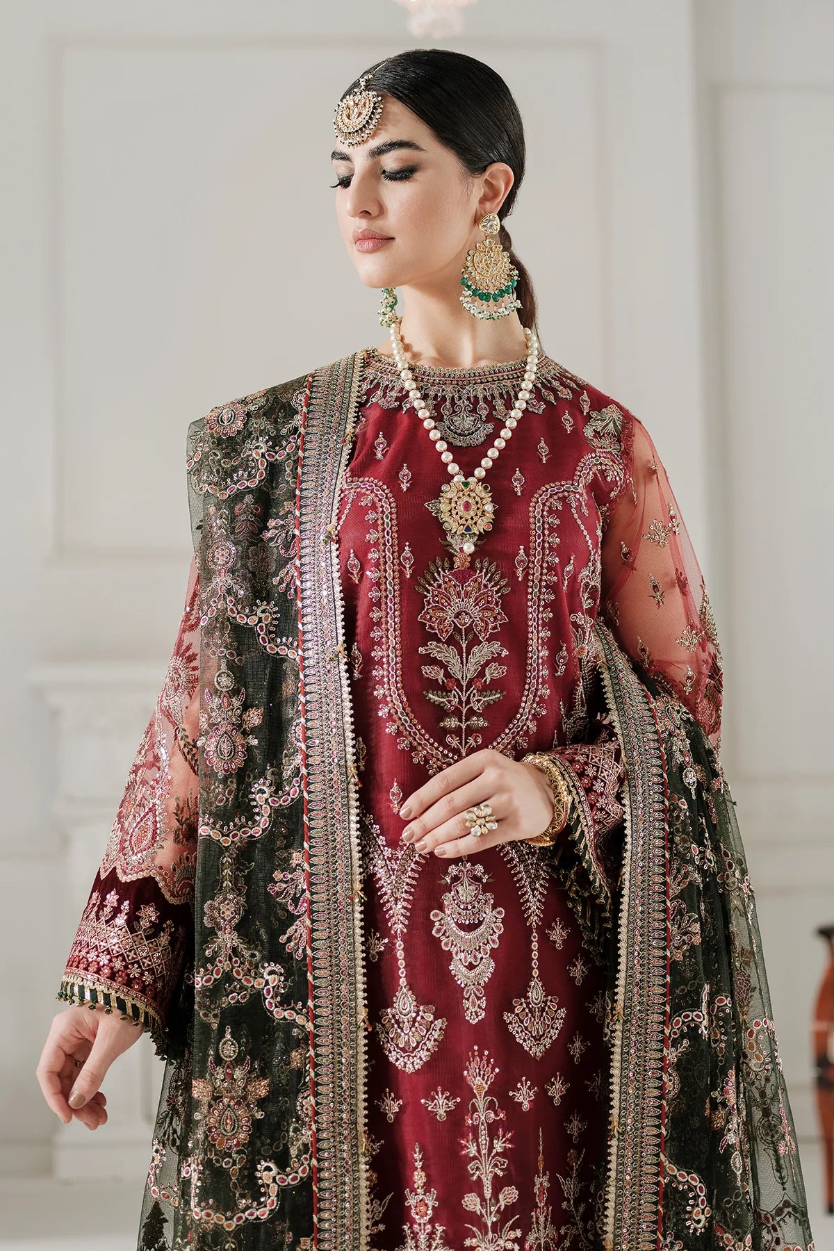 Chantelle Embroidered Net & Velvet Unstitched 3-Piece Suit - Maroon & Forest Green Bridal Collection