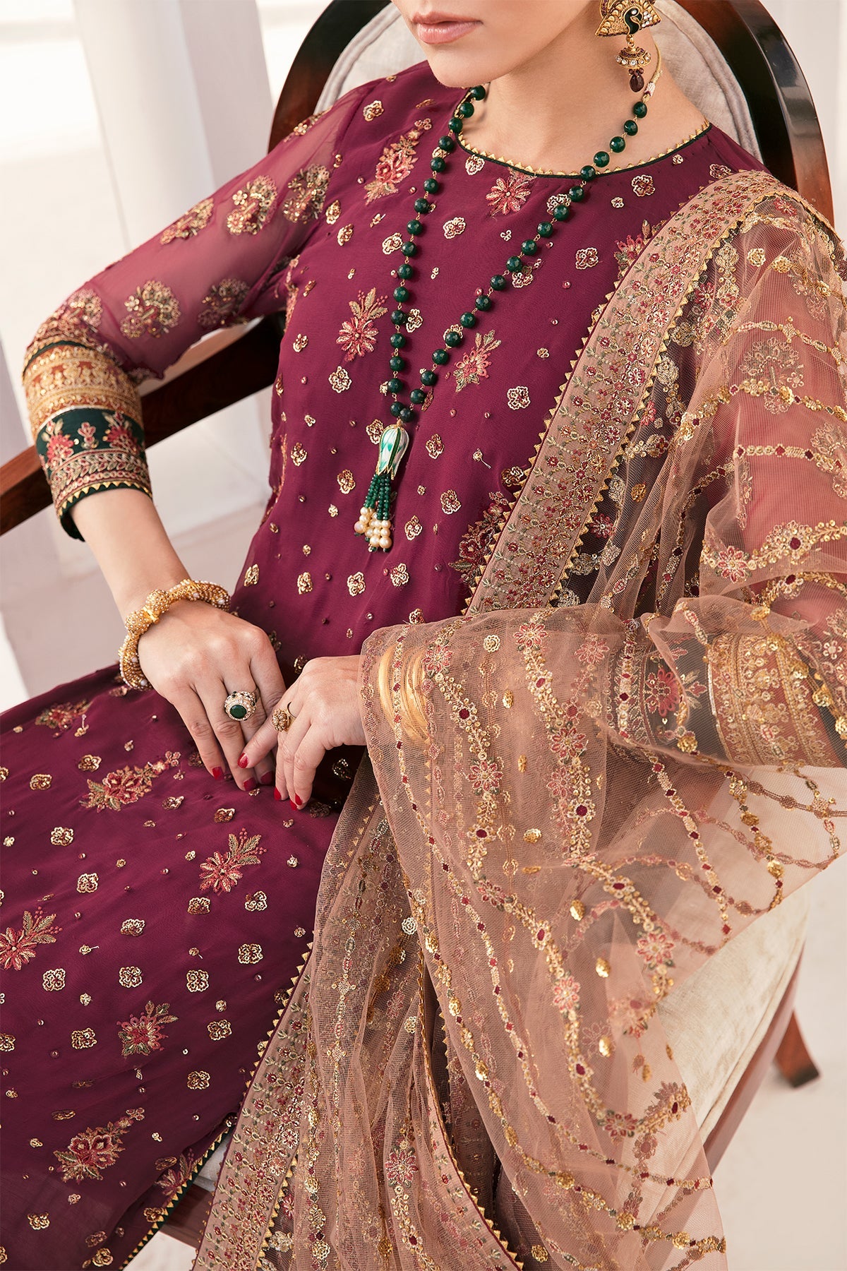 Chantelle Embroidered Chiffon & Net Unstitched 3-Piece Suit - Burgundy & Gold Luxury Collection