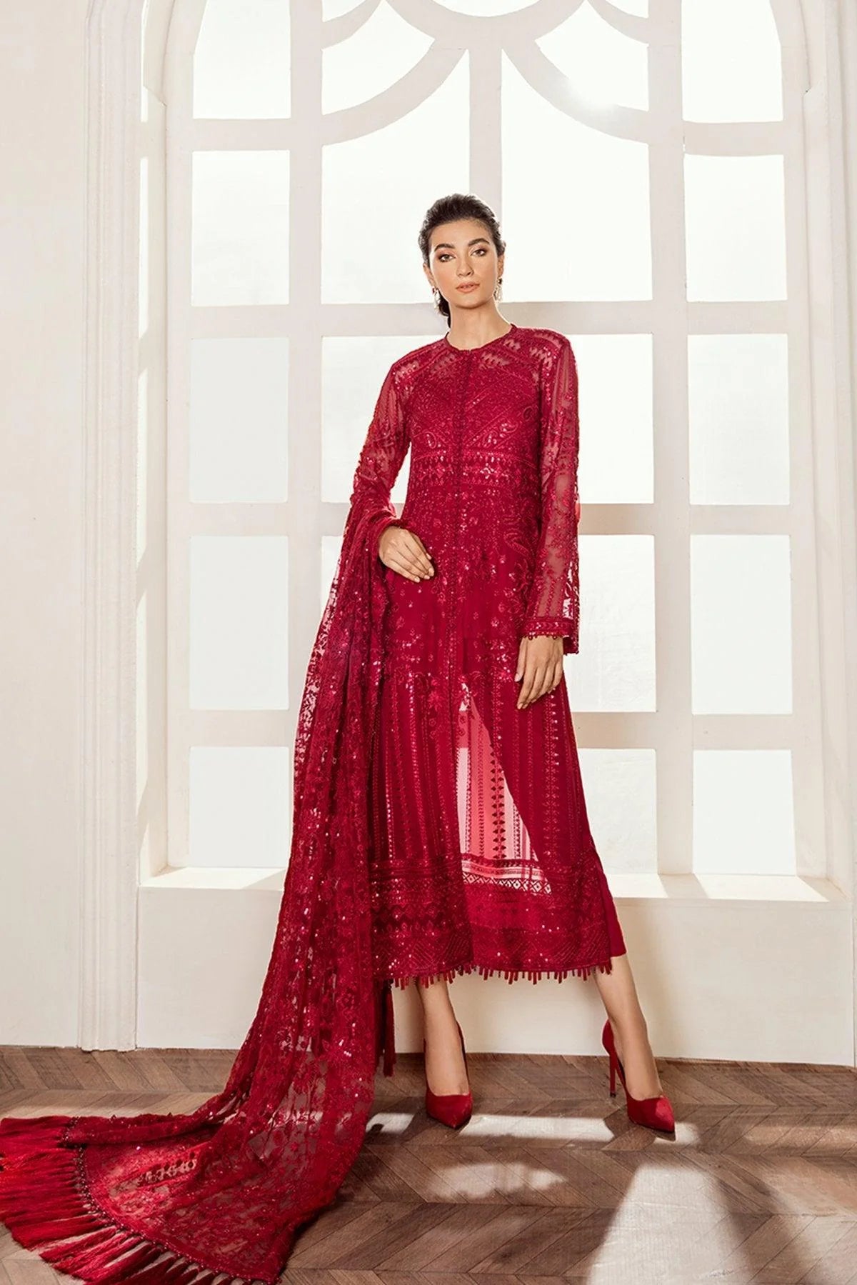 Baroque Red Embroidered Unstitched 3-Piece Suit - Premium Collection