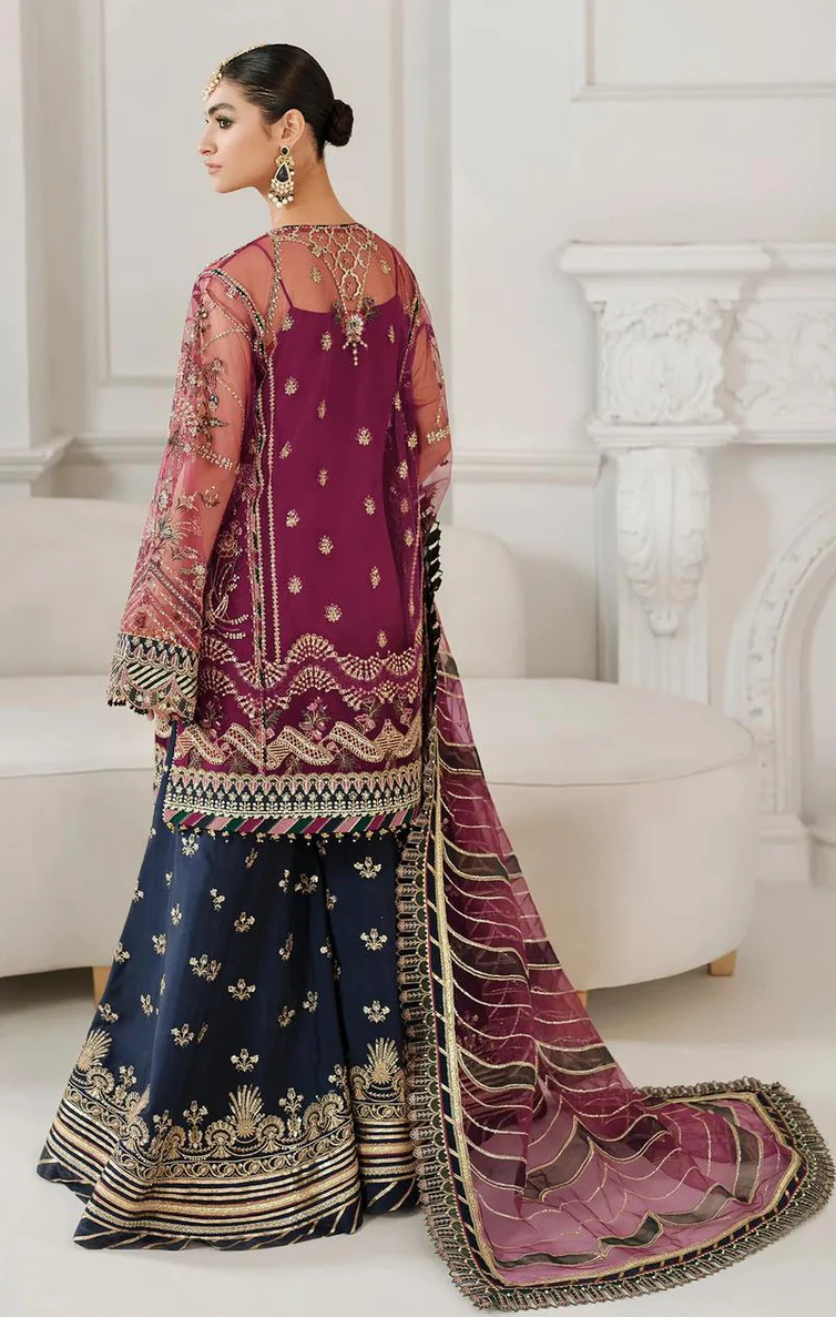 Chantelle Embroidered Net Unstitched 3-Piece Suit - Maroon & Navy Luxury Collection