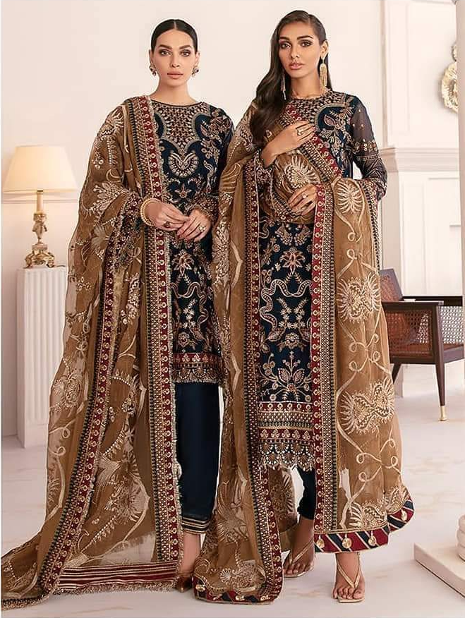 Chantelle Embroidered Chiffon Unstitched 3-Piece Suit - Navy & Gold Luxury Collection